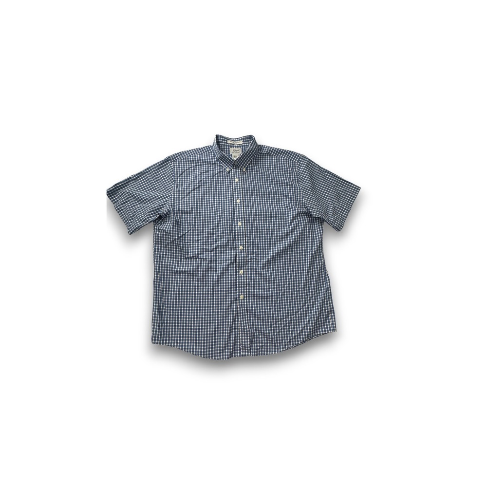 LL Bean Mens XL Blue Gingham Check Short Slve Button Down Shirt Trim Fit Cotton